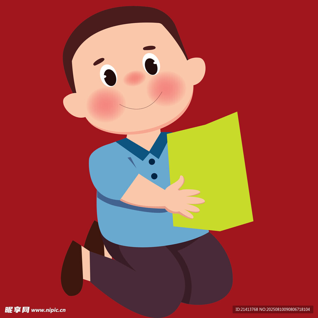 跪地男孩手持綠色紙張