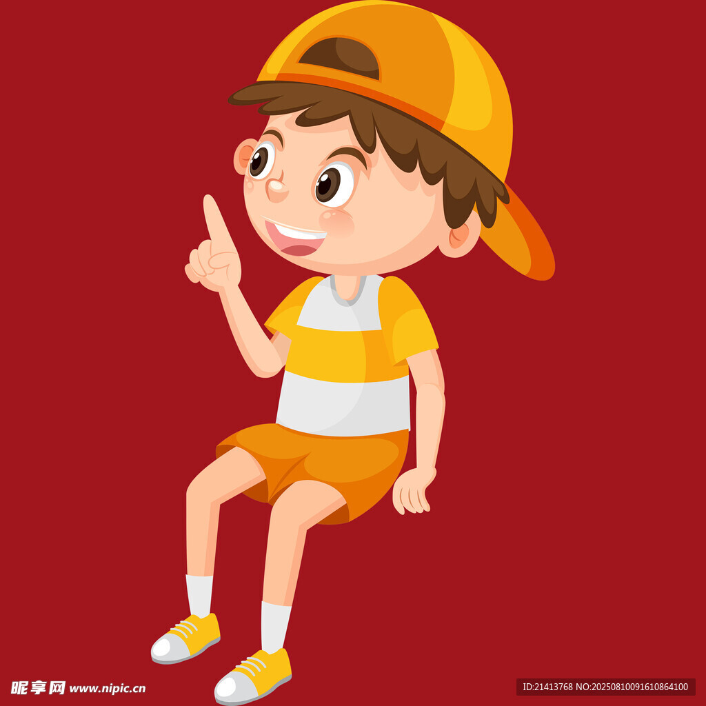戴帽小男孩俏皮坐姿形象
