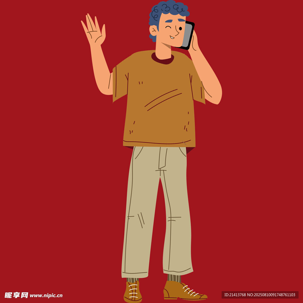 打電話揮手的休閑男子