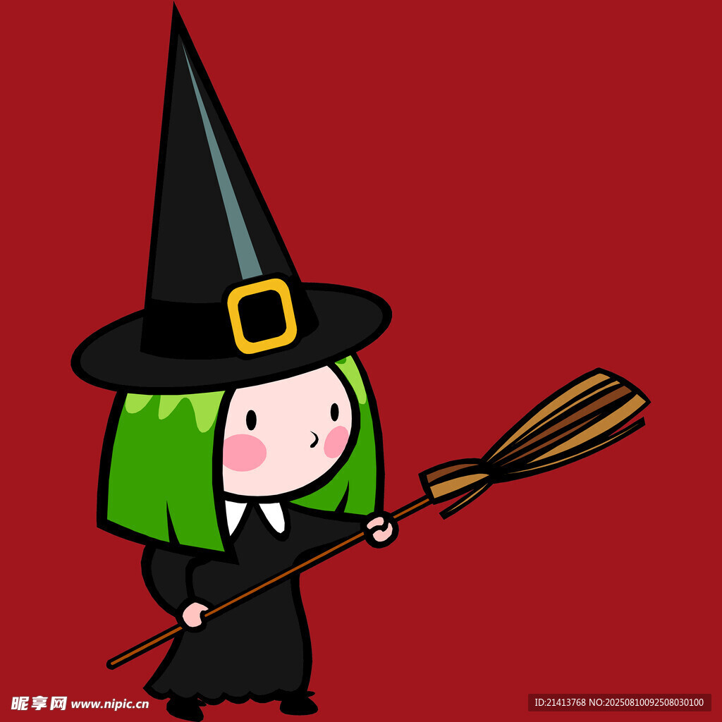 可愛小女巫持掃帚施法
