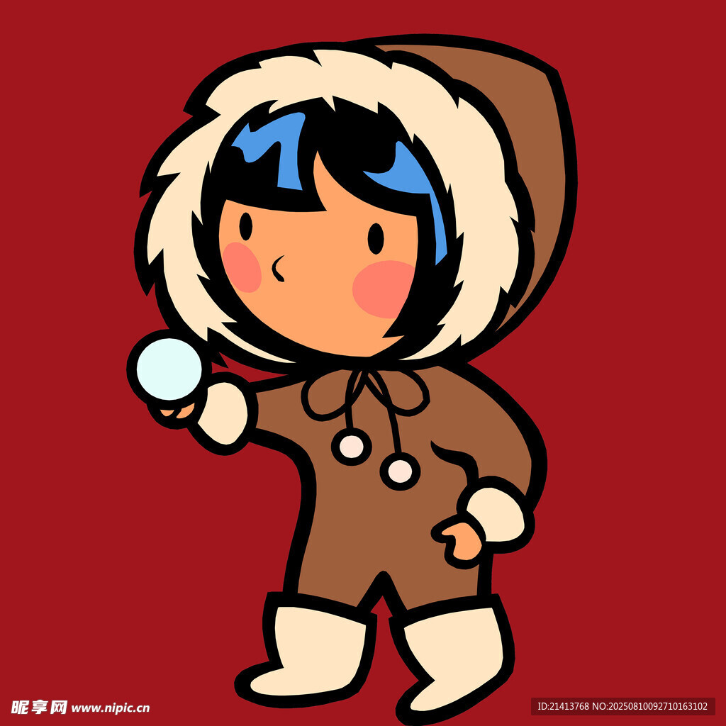 穿皮草的卡通女孩玩雪球