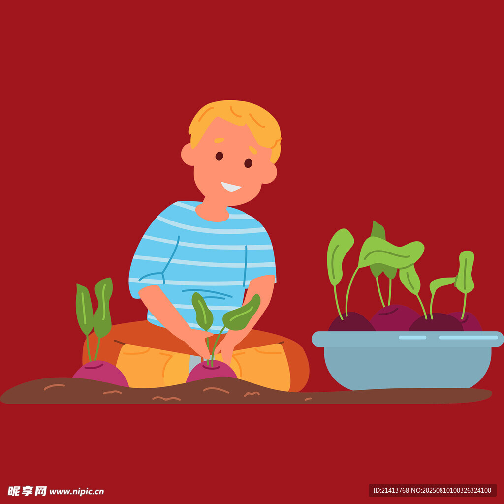 男孩專注種植蔬菜