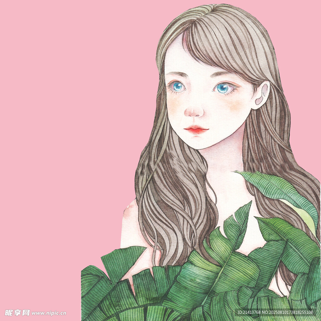長發(fā)女孩與綠植插畫