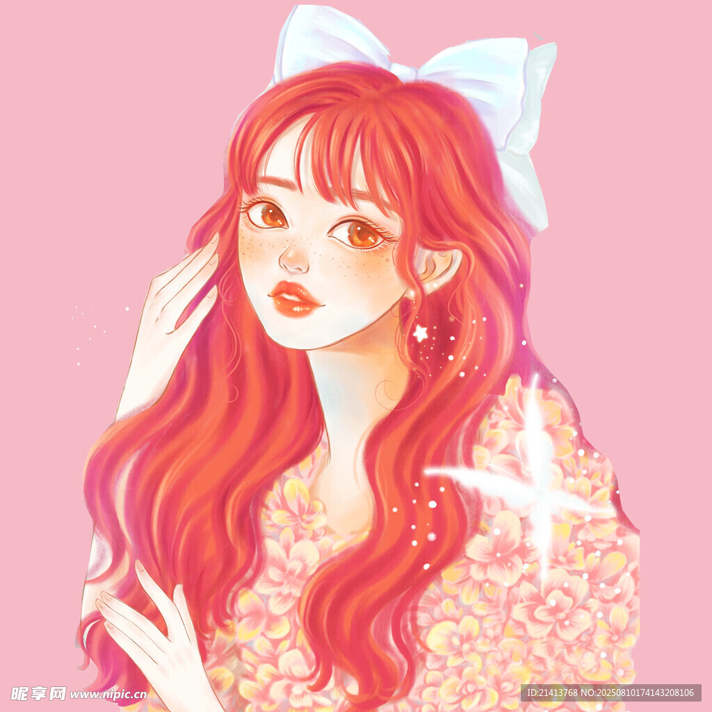 紅發(fā)蝴蝶結女孩甜美插畫