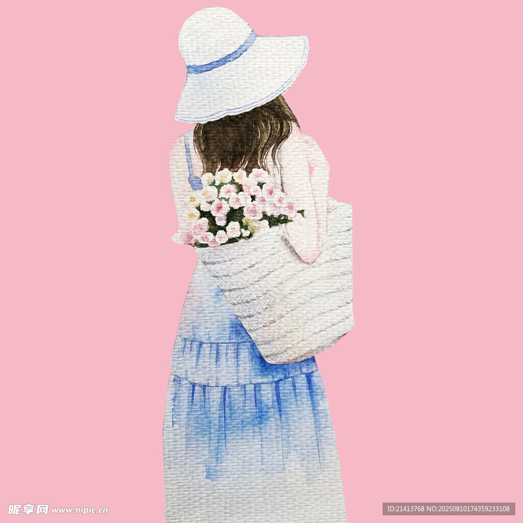 藍(lán)白裙裝女孩的時尚背影