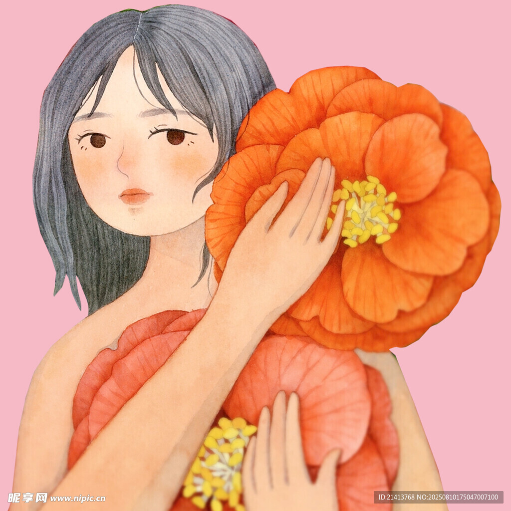 懷抱大花朵的夢(mèng)幻女孩