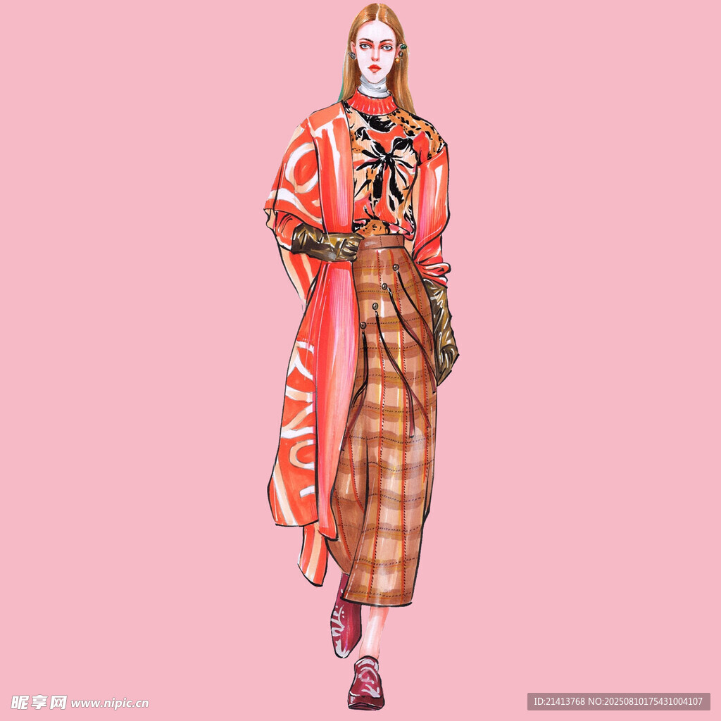 時(shí)尚模特身著格紋服飾與披肩