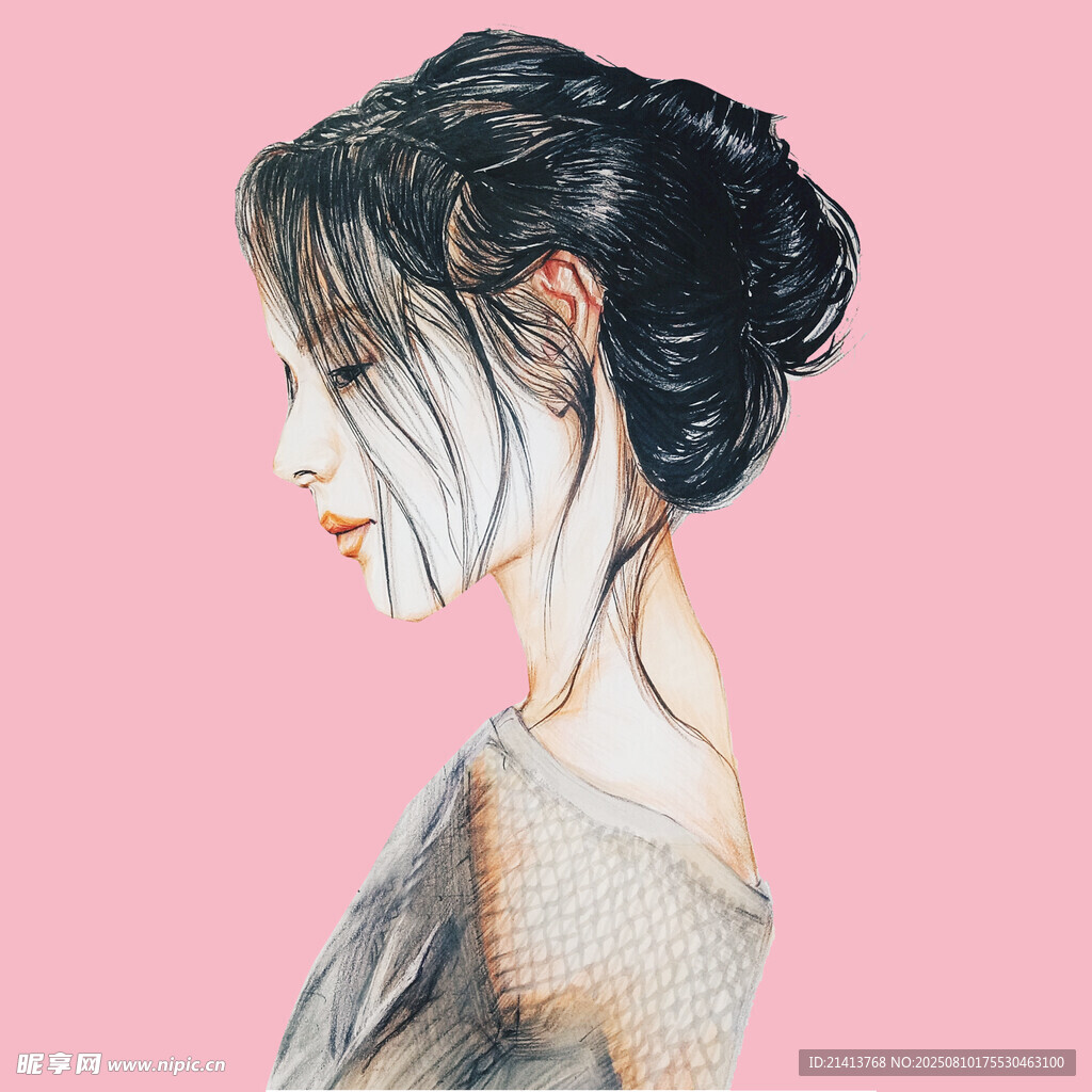 側(cè)顏女子的夢幻水彩插畫