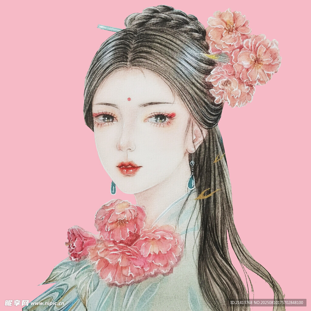 古風(fēng)佳人 青絲粉花映嬌顏