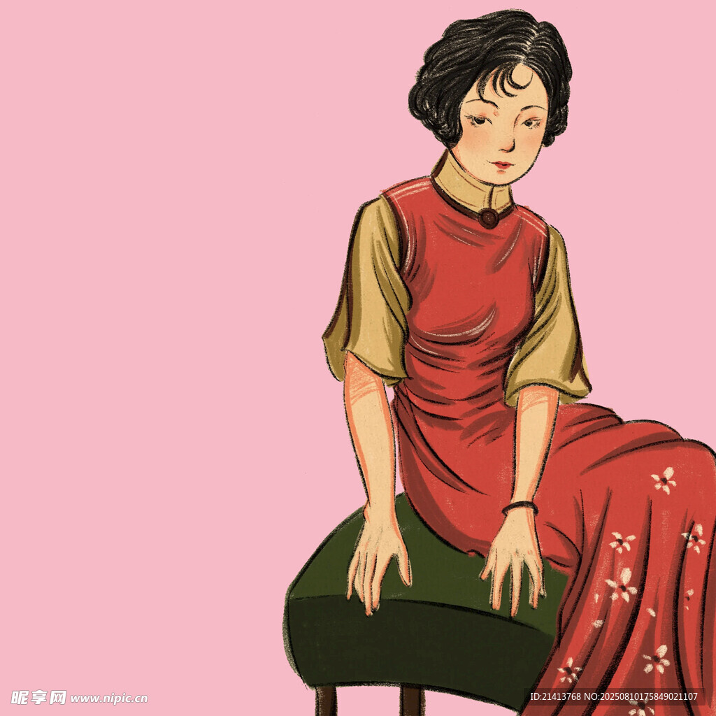 復(fù)古旗袍女子優(yōu)雅坐姿