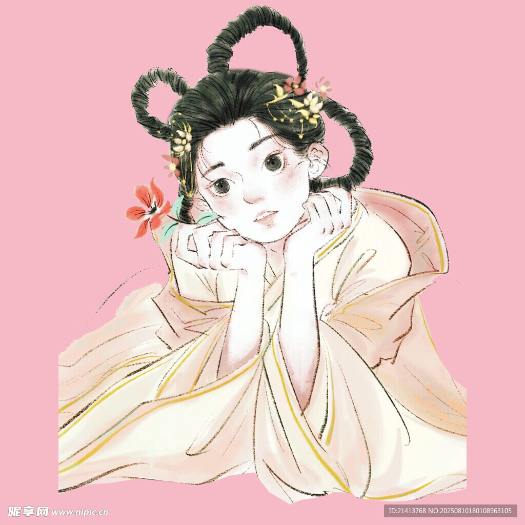 古風少女手持花朵賞景