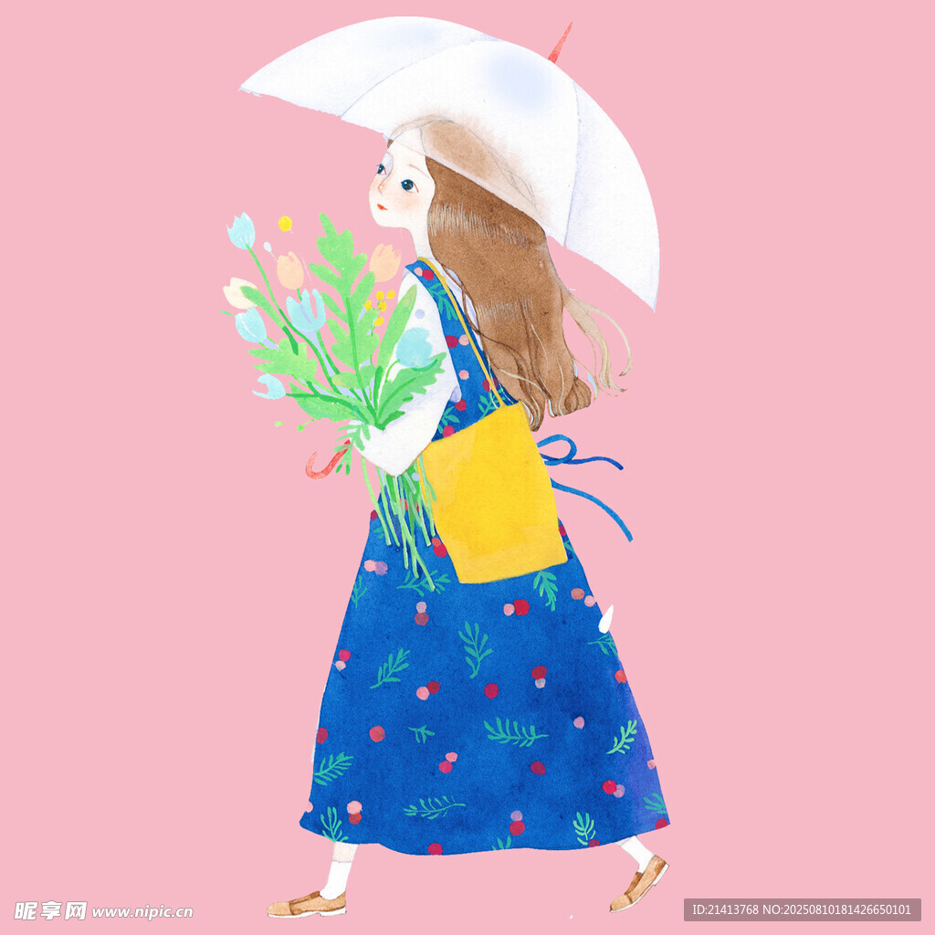 撐傘提花的長裙女孩