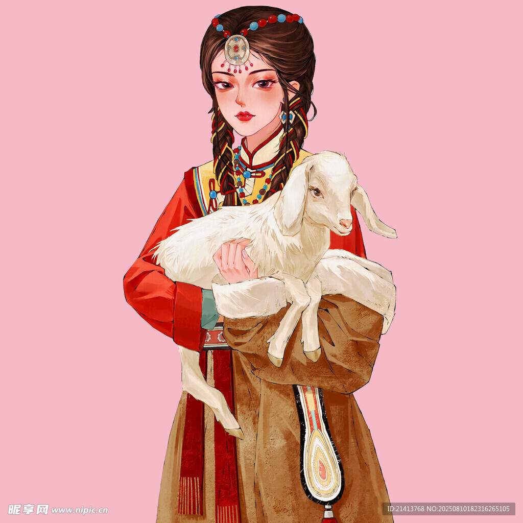 身著古裝抱羊的美麗女子