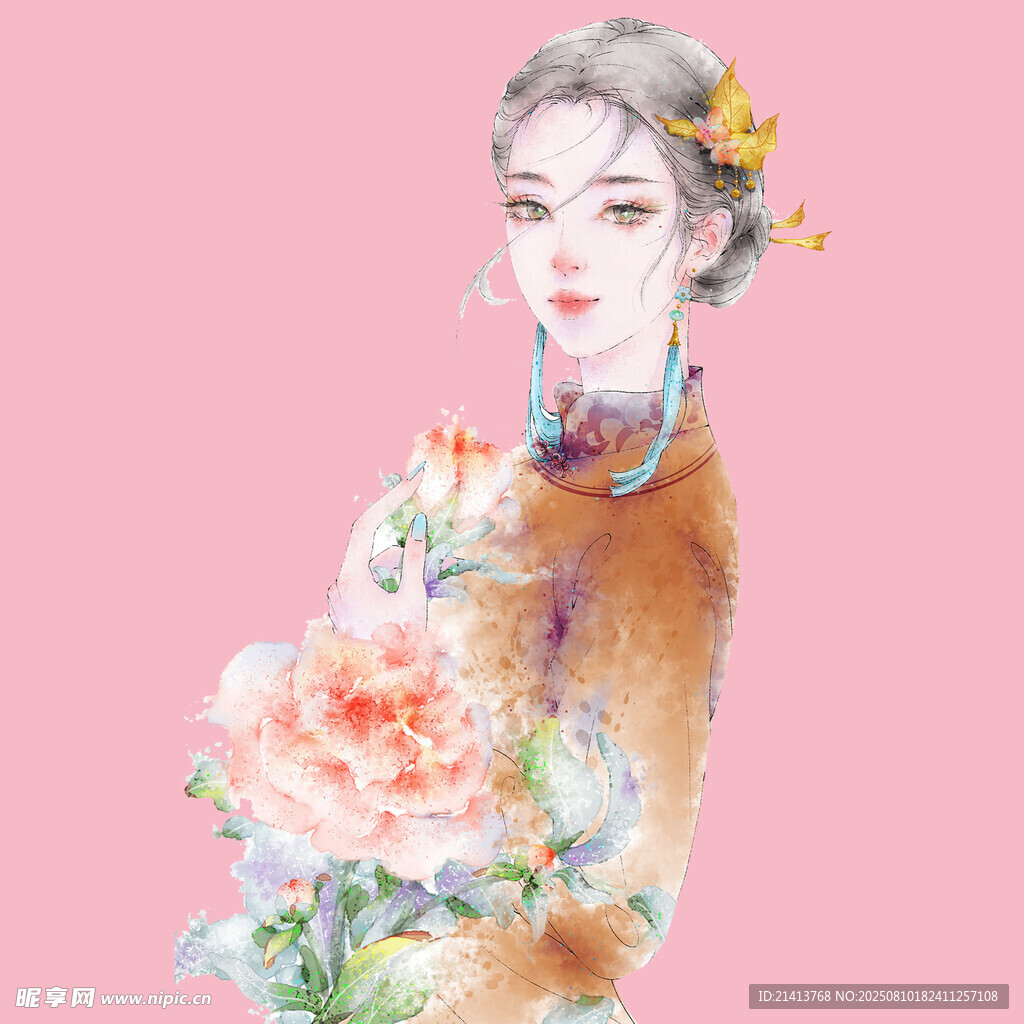 古風(fēng)佳人抱花圖