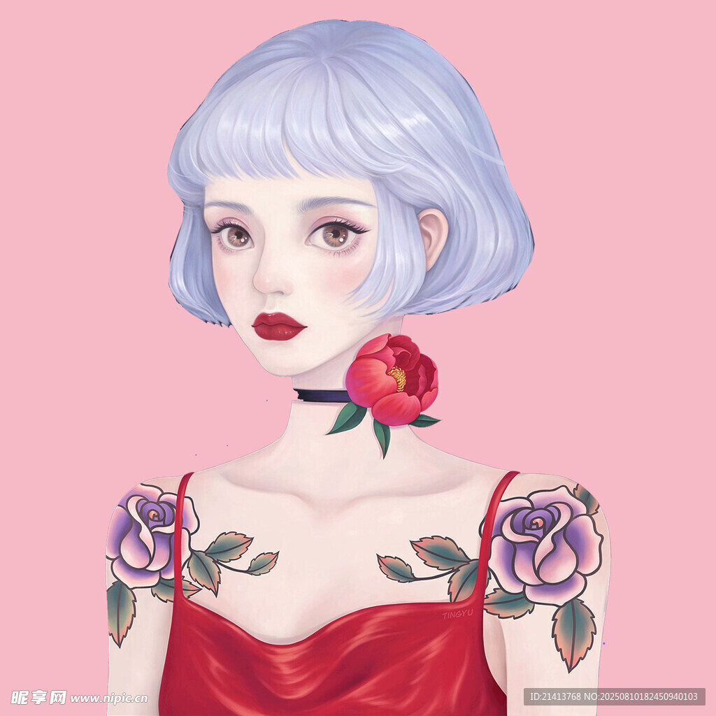 藍發(fā)紋身女孩的優(yōu)雅形象