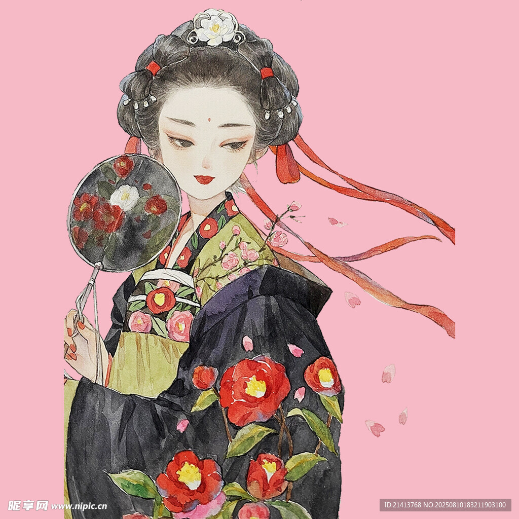 古風(fēng)漢服女子優(yōu)雅持扇
