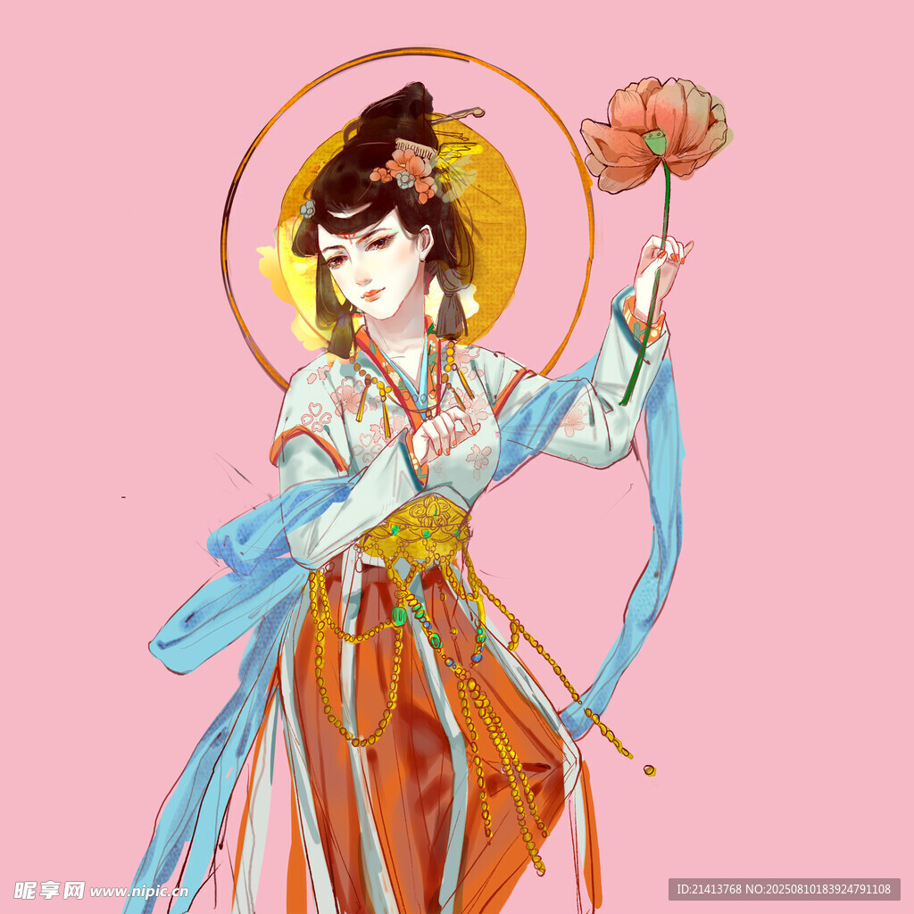 古風仕女持花優(yōu)雅圖