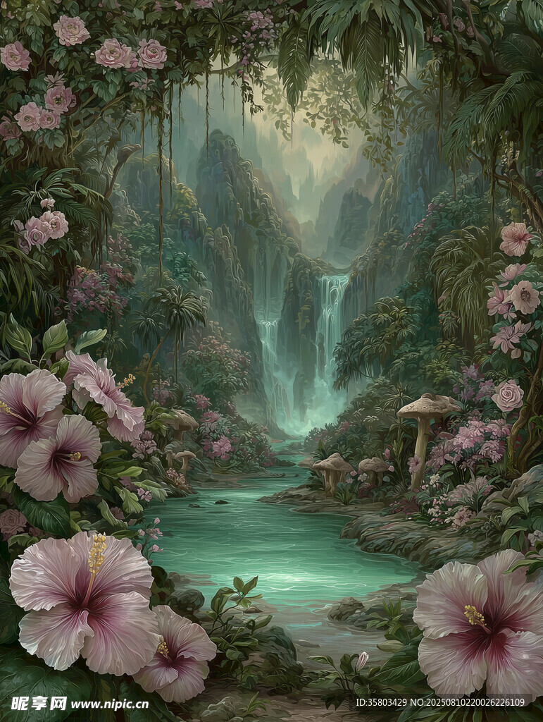 夢幻瀑布旁的繁花仙境