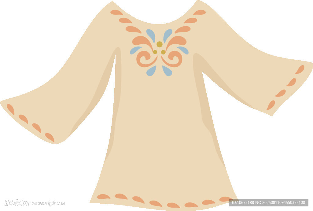 米色刺繡喇叭袖連衣裙