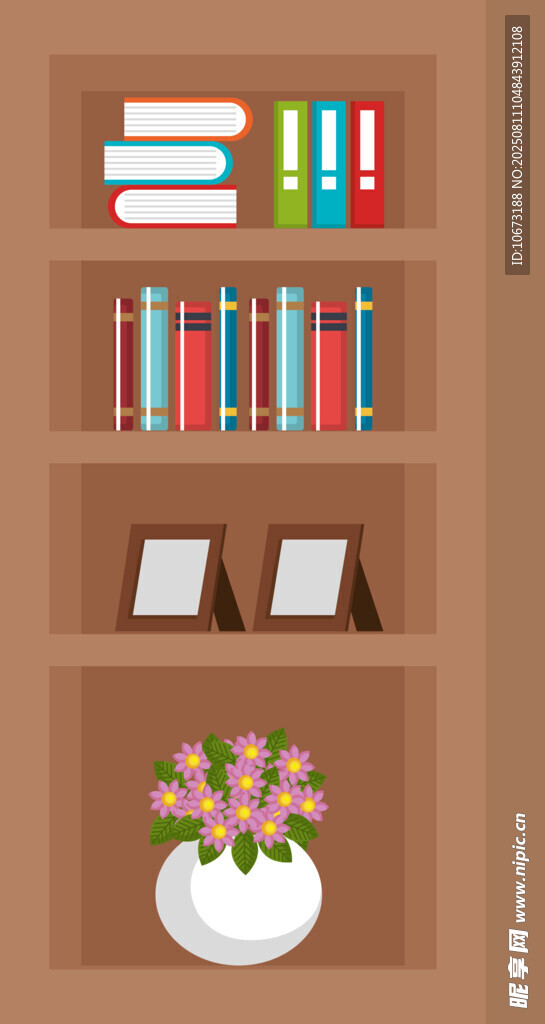 書架上的書籍與裝飾花瓶