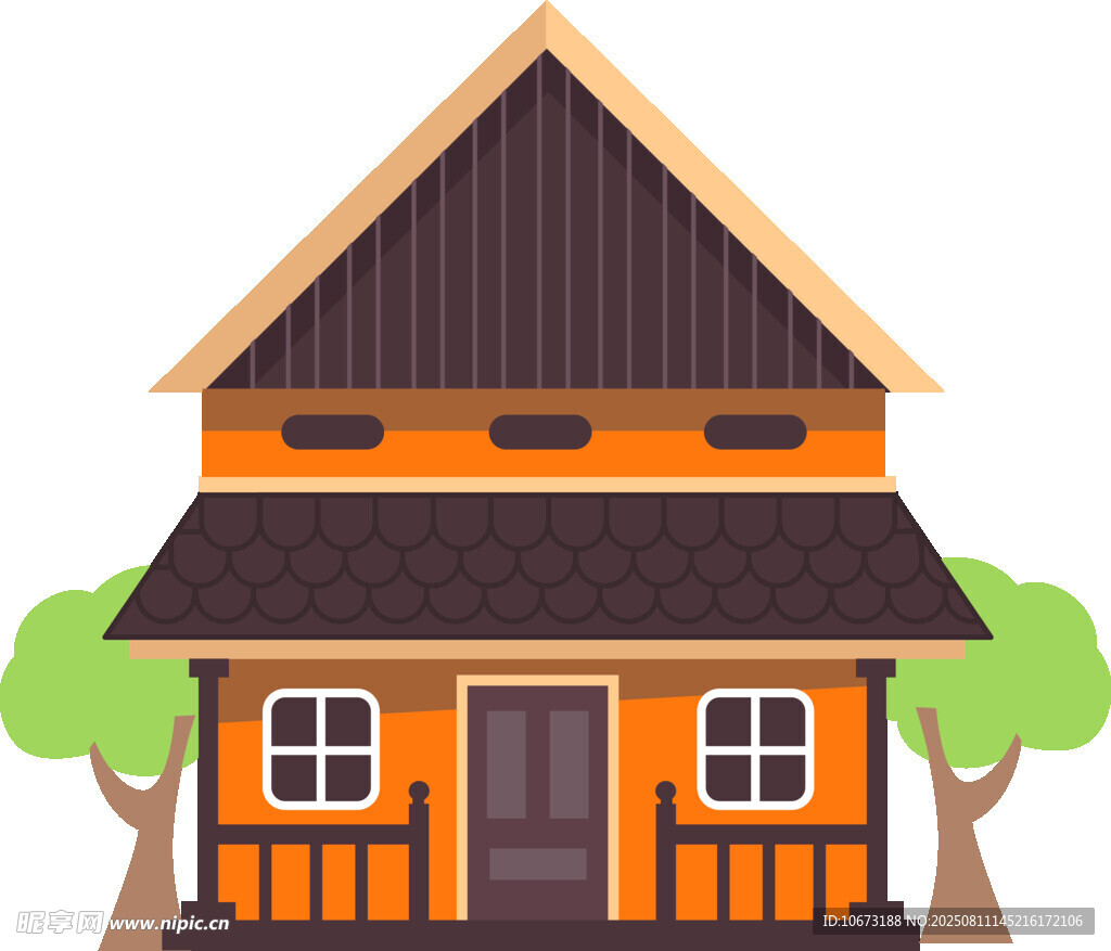 橙色小屋與綠樹相伴