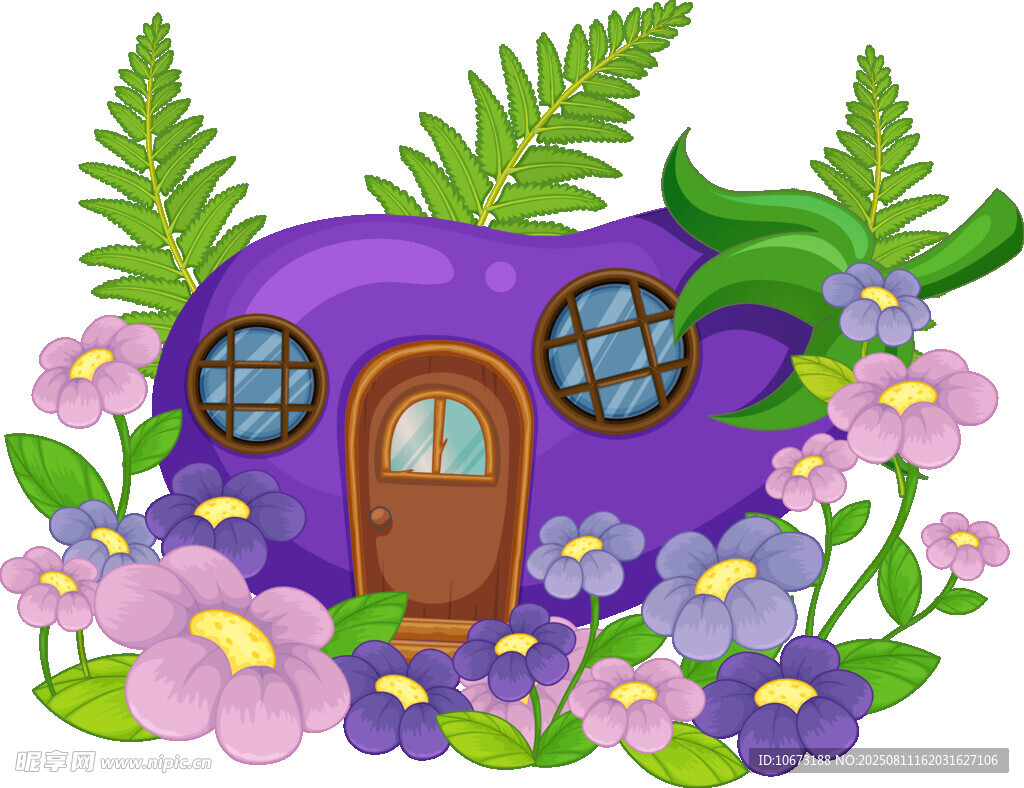 紫色童話小屋花叢中