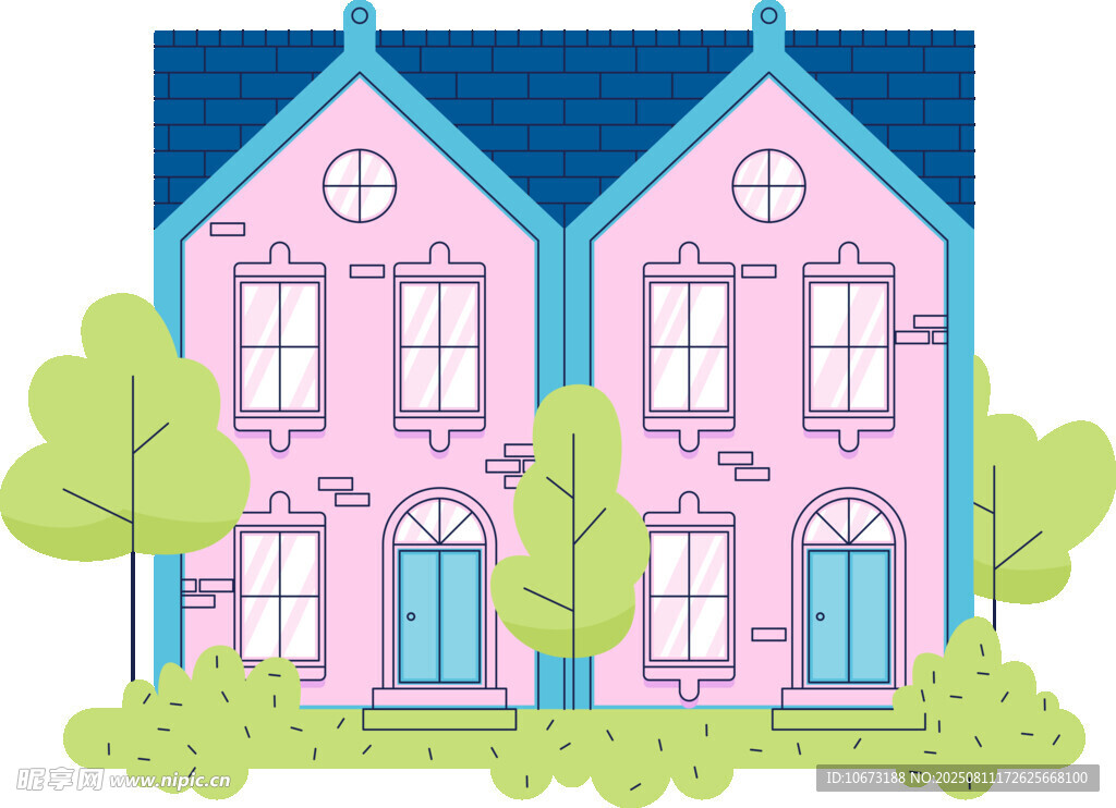 粉色雙棟住宅與綠植景觀