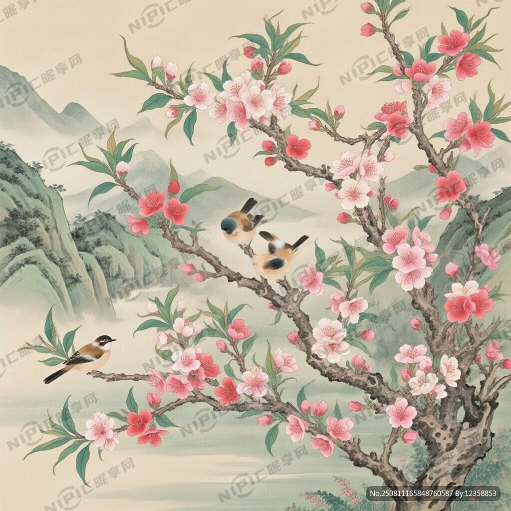 桃花 國畫 工筆畫風(fēng)格 鳥 