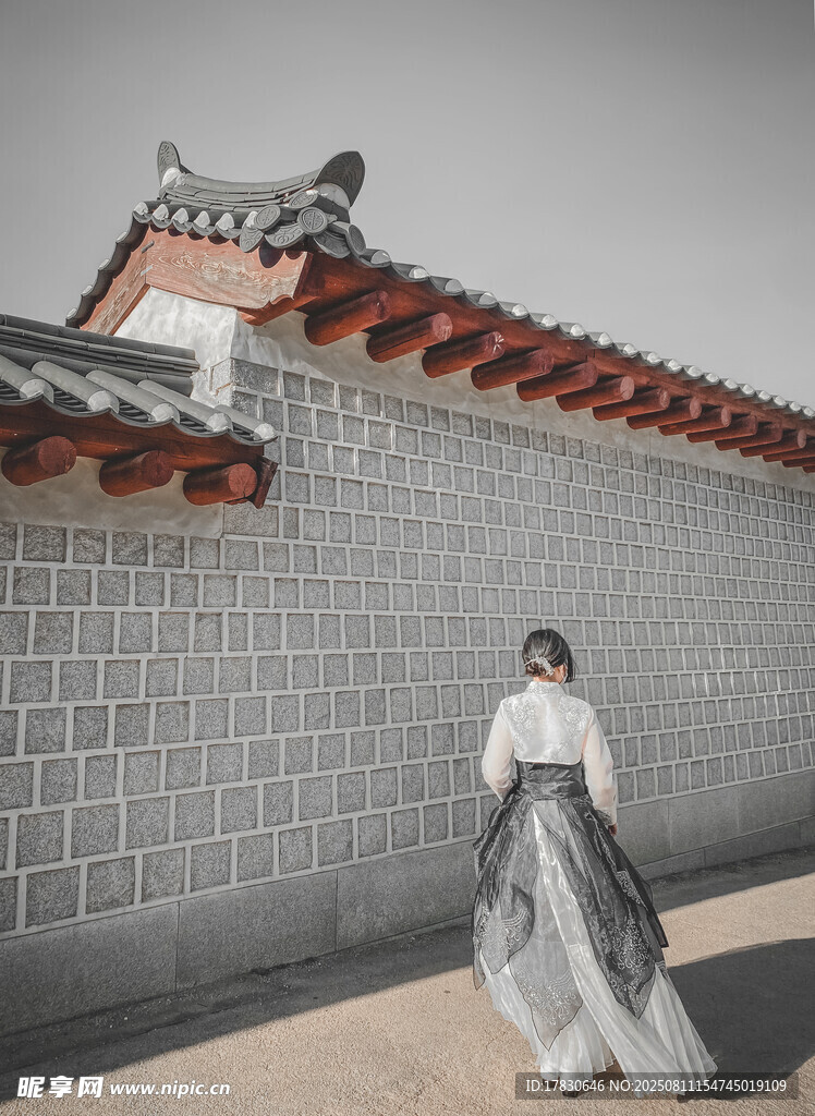 古風(fēng)女子漫步中式磚墻旁