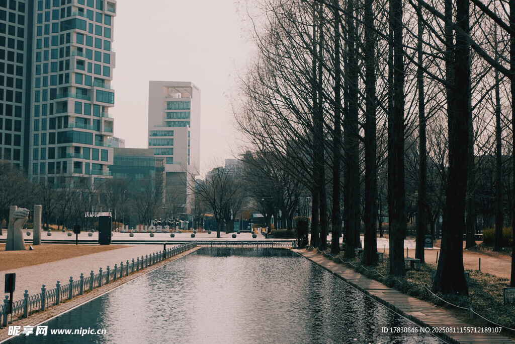 城市河畔冬日靜謐景致