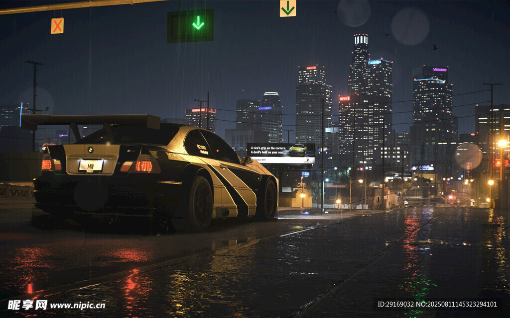 雨夜都市中的炫酷跑車