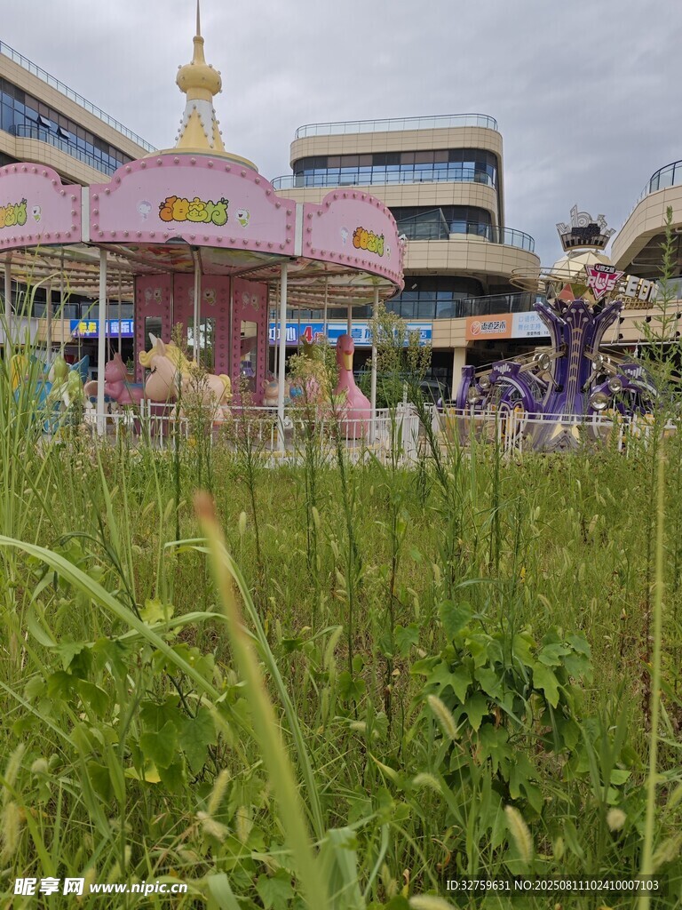 粉色建筑前的蔥郁草地
