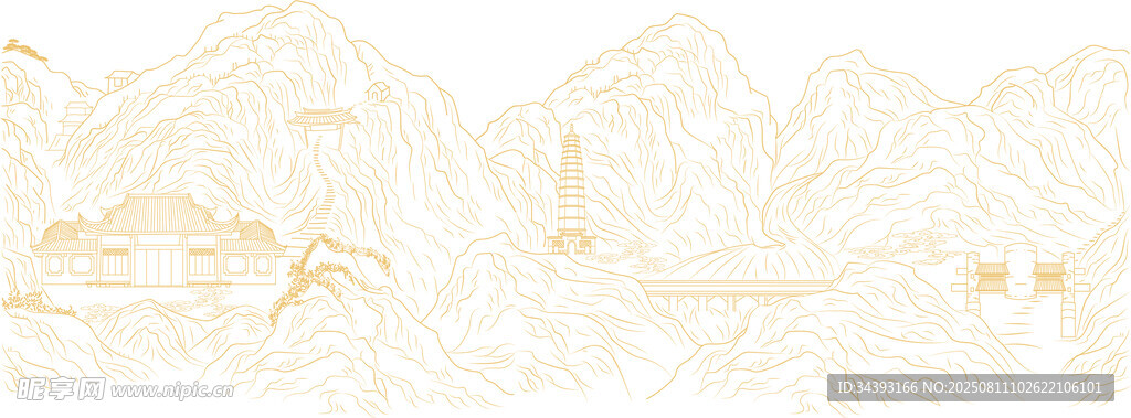 簡約山水風景線條插畫