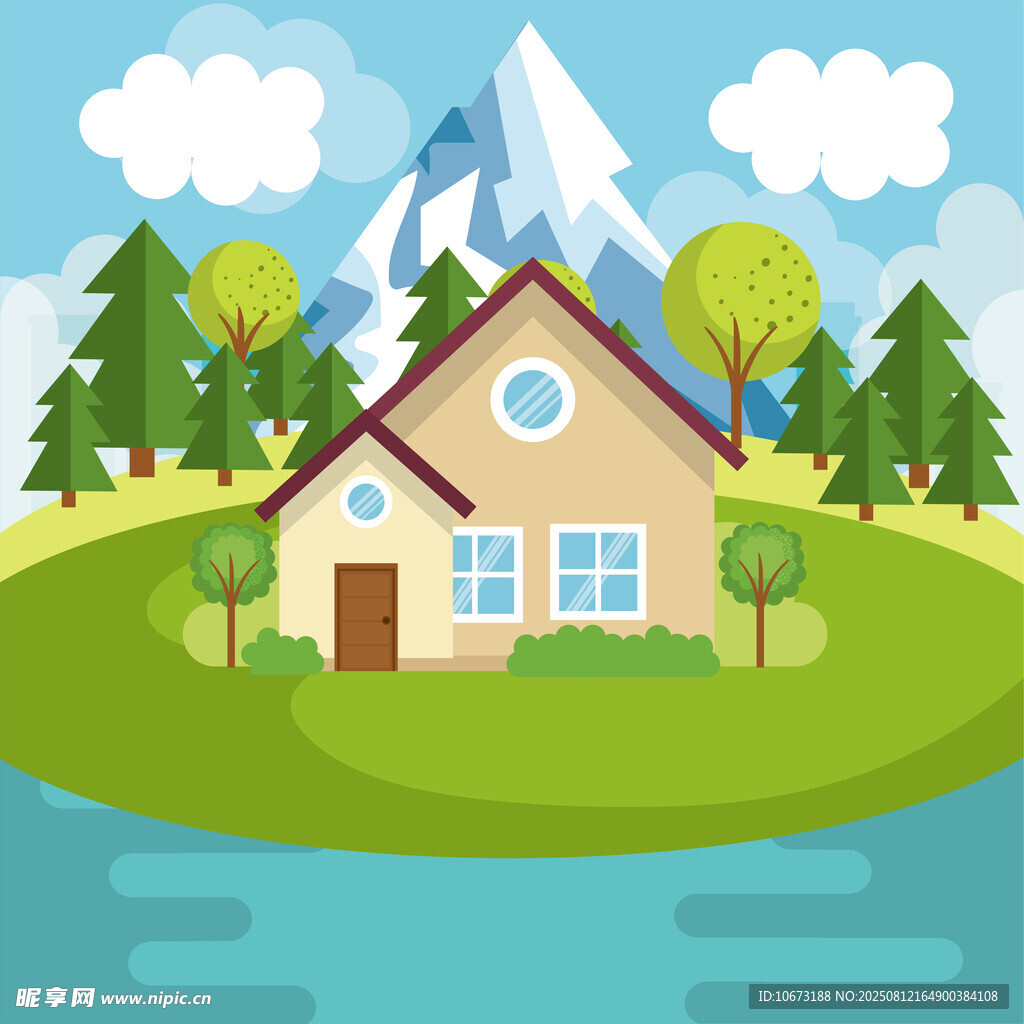 湖畔小屋山林環(huán)繞美景
