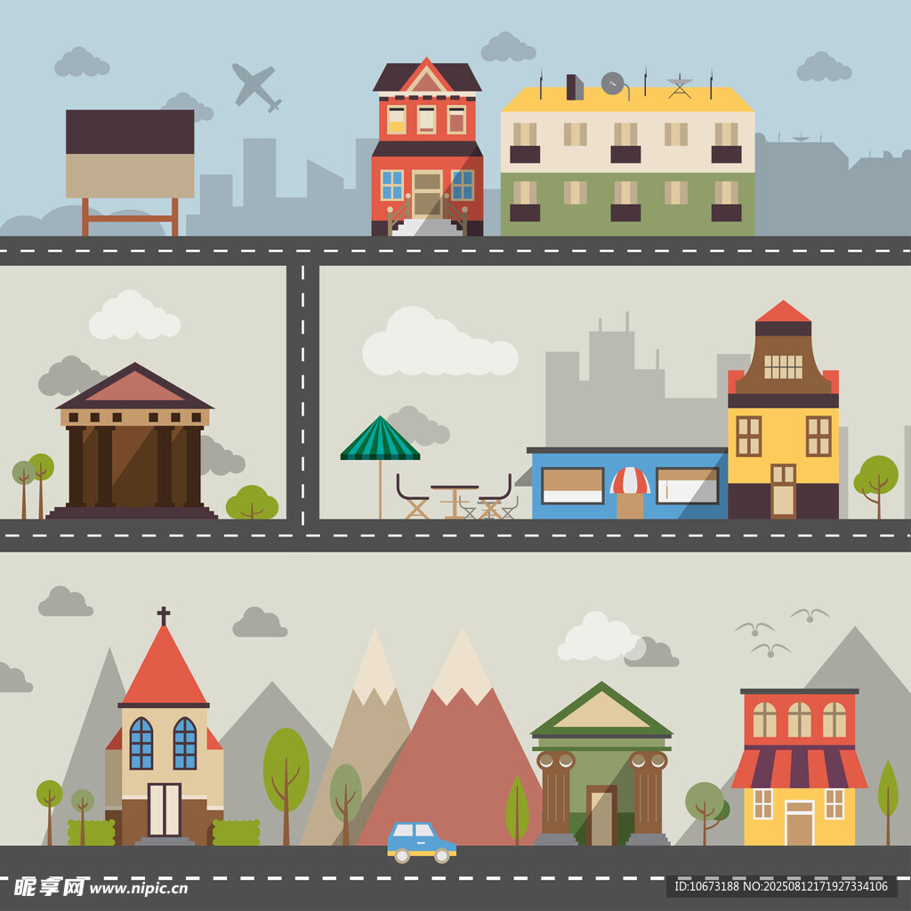 卡通風(fēng)格城市建筑風(fēng)景圖