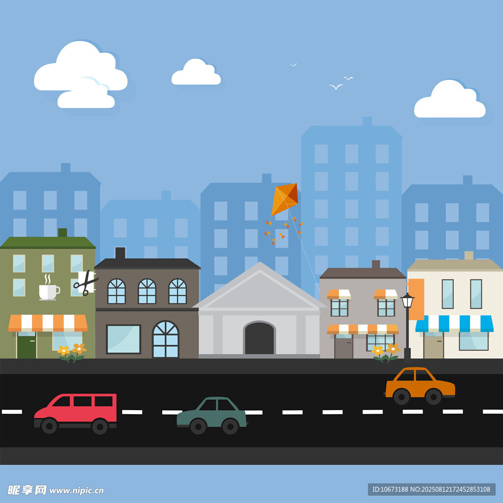 城市街道建筑與行駛車(chē)輛