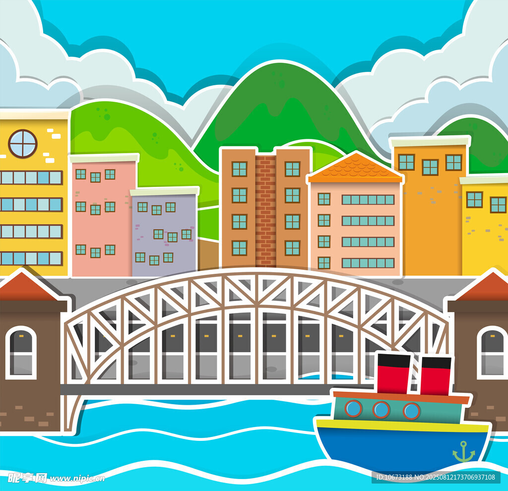 卡通風(fēng)格的城市河畔風(fēng)景