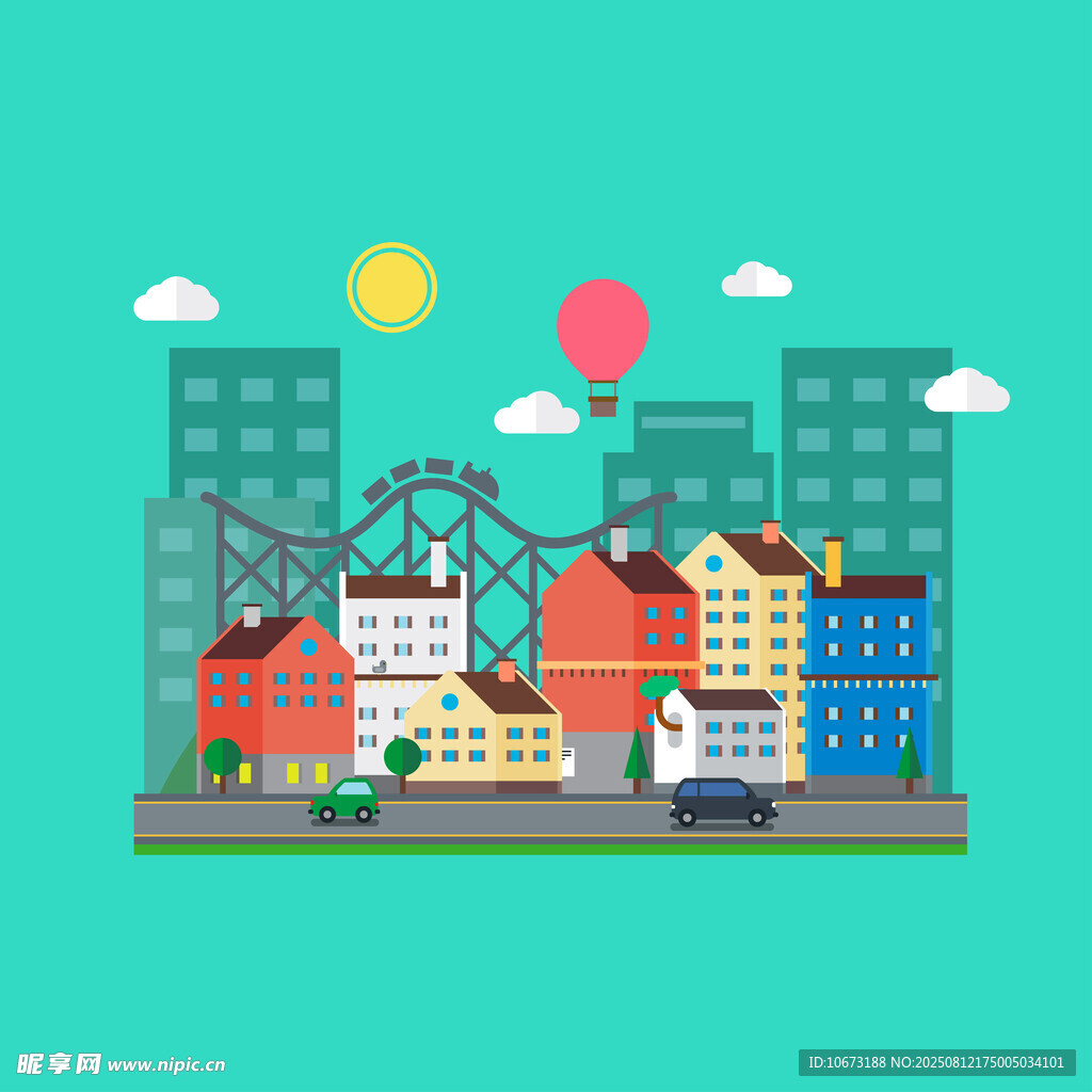 城市街景中的多彩建筑與游樂設施
