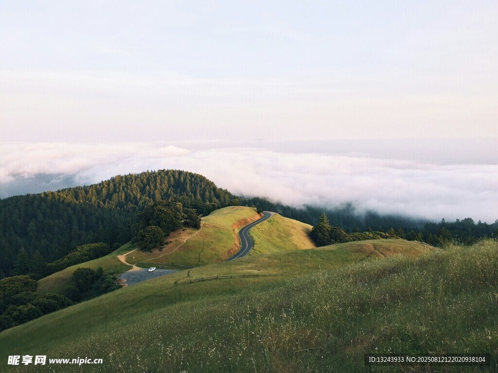 山間草甸云霧繚繞美景