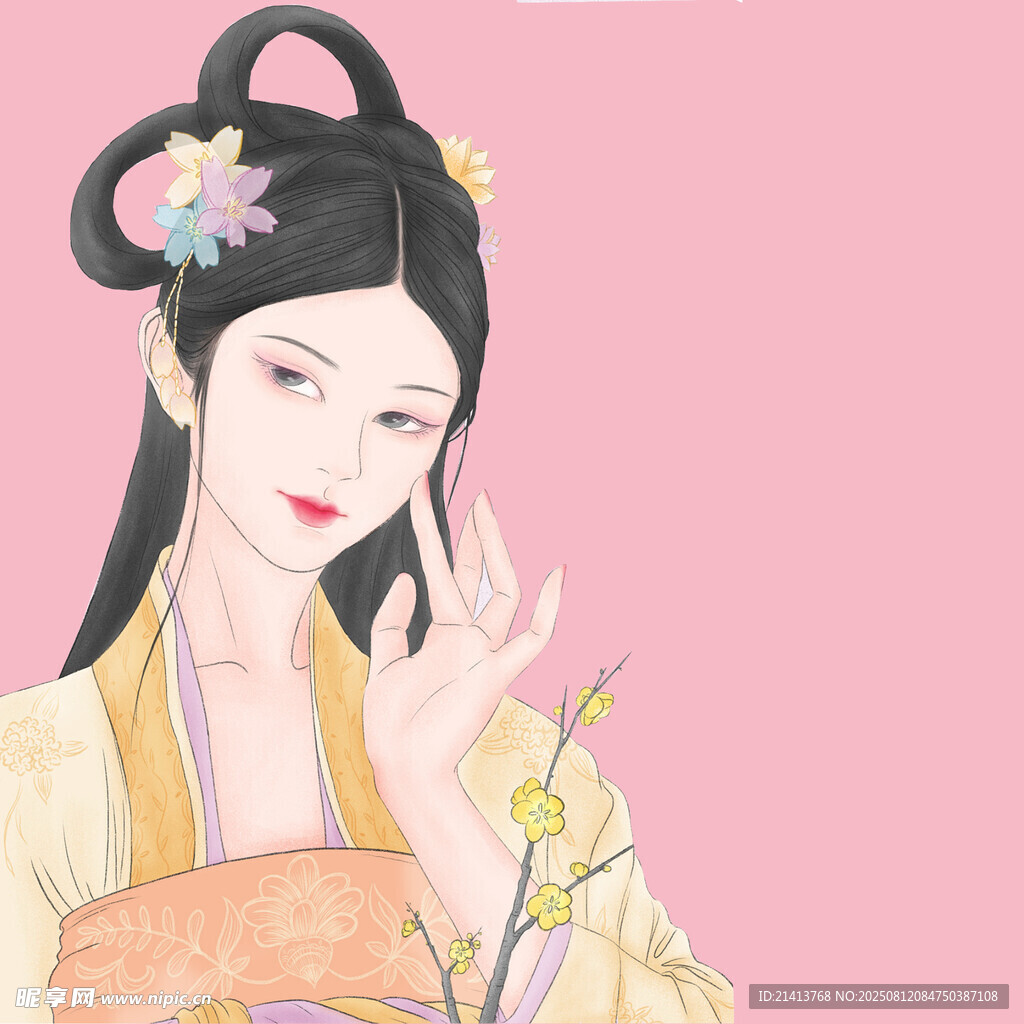 古風(fēng)佳人手持花枝賞景