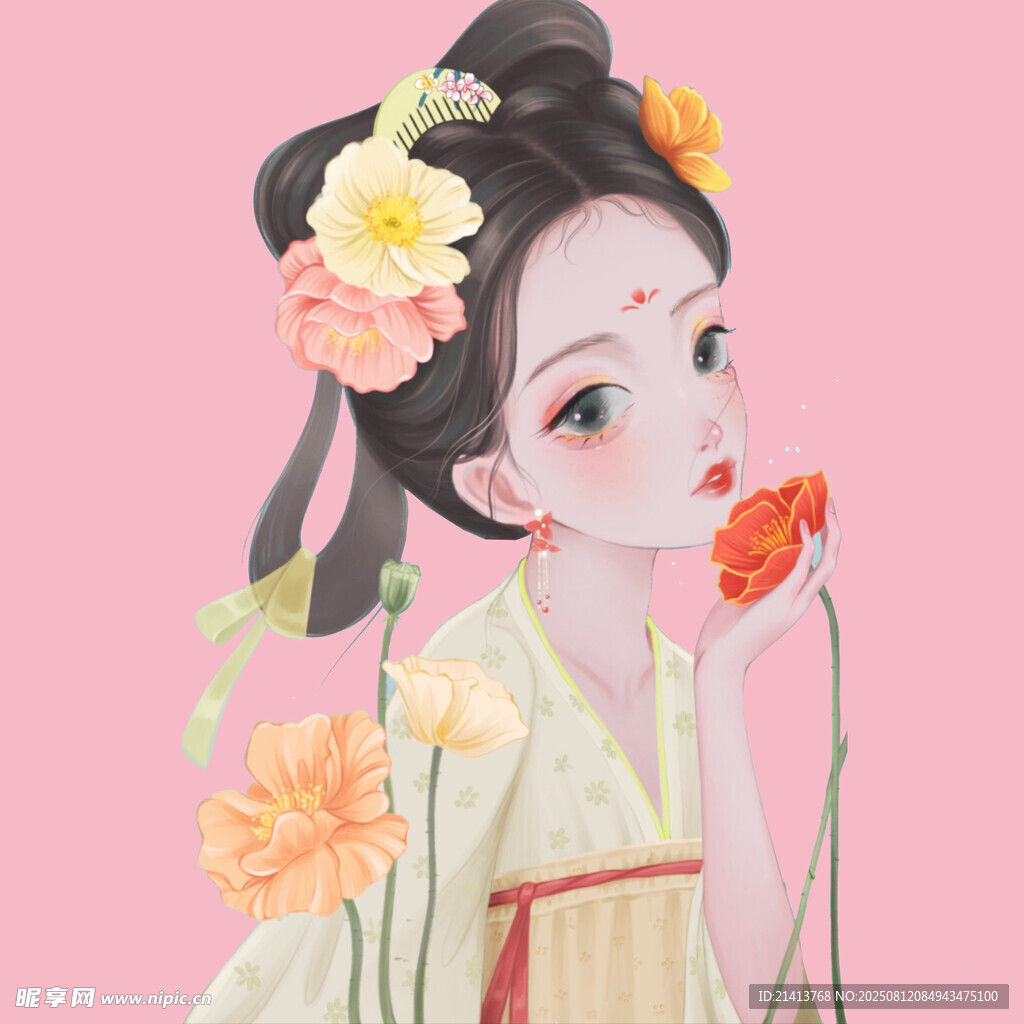 古風(fēng)少女手持花朵賞景