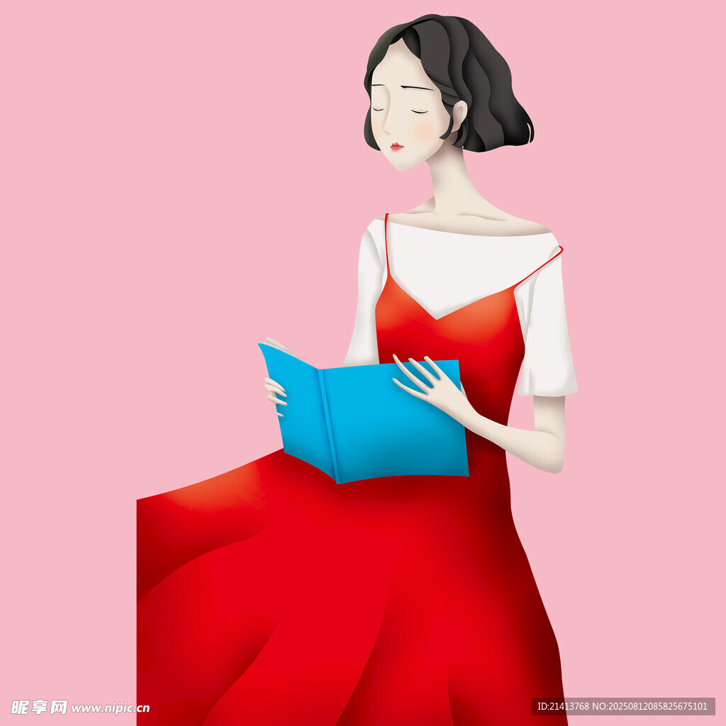 紅衣女子優(yōu)雅捧書閱讀