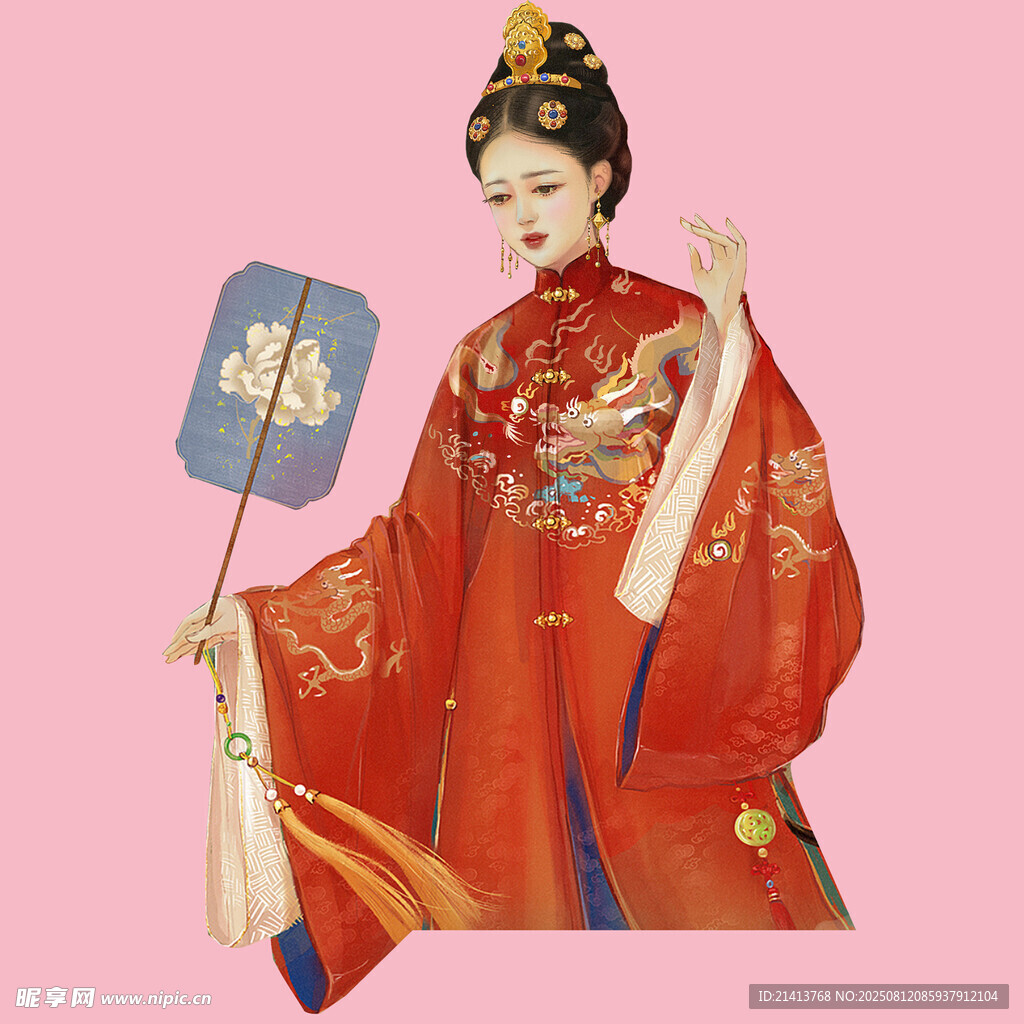 古風(fēng)女子身著華麗漢服持扇