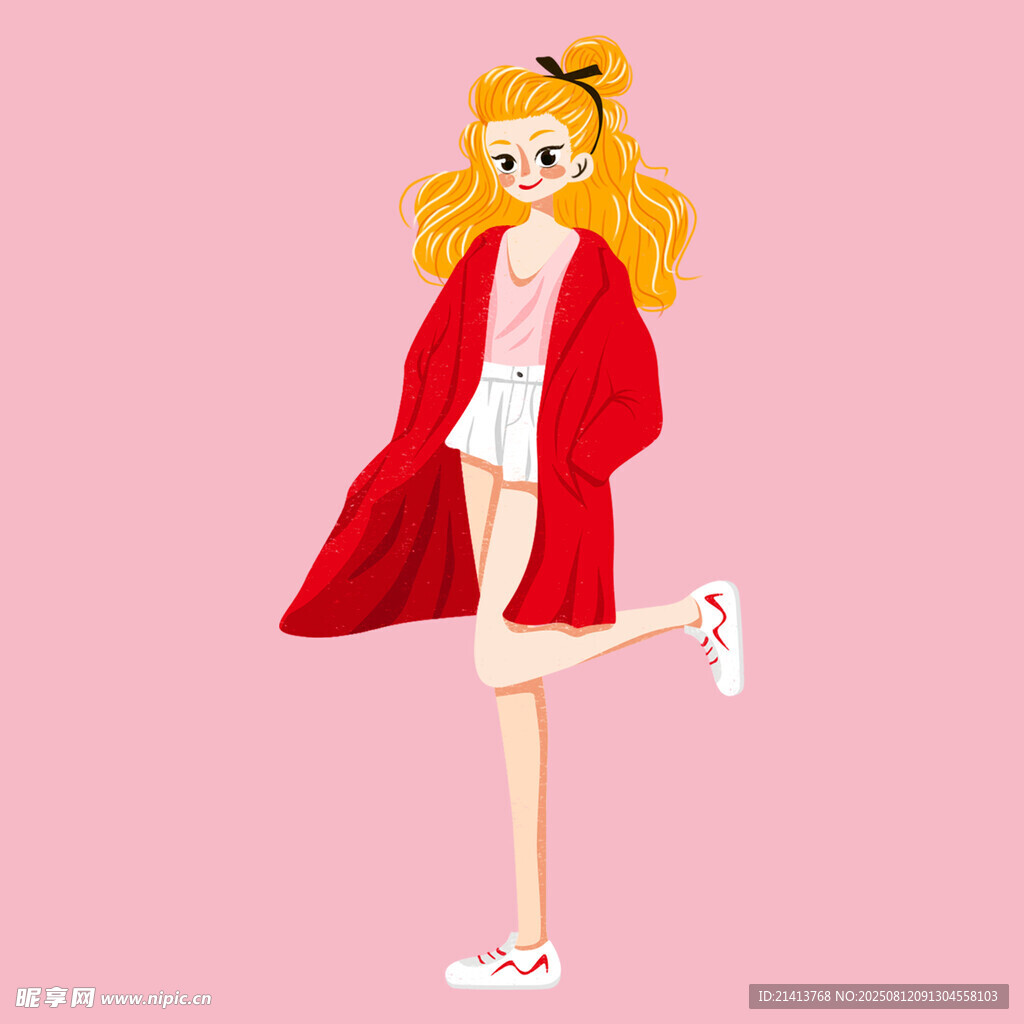 紅衣少女俏皮單腿站立