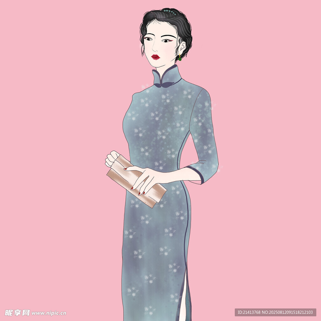 優(yōu)雅旗袍女子手持書卷