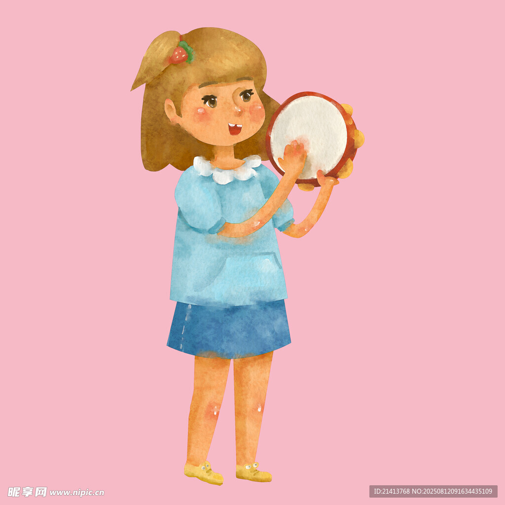 女孩手持手鼓專注演奏
