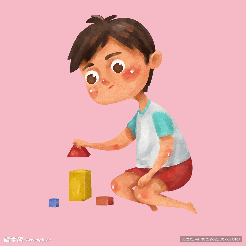 小孩專注玩積木