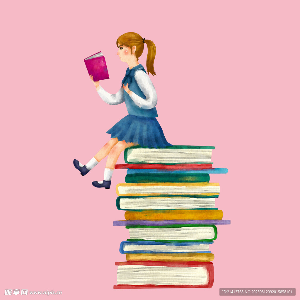 女孩坐書堆閱讀
