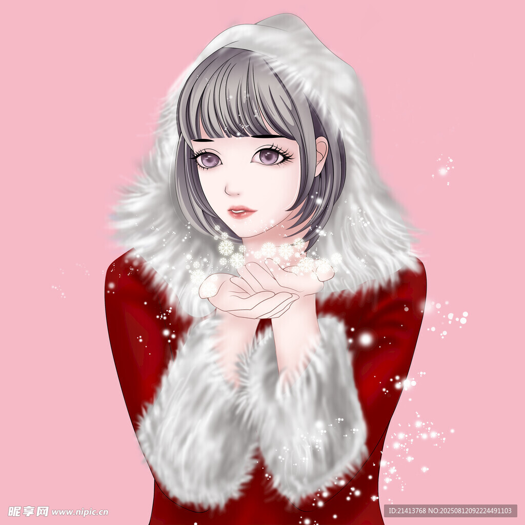 紅衣少女雪中雙手合十