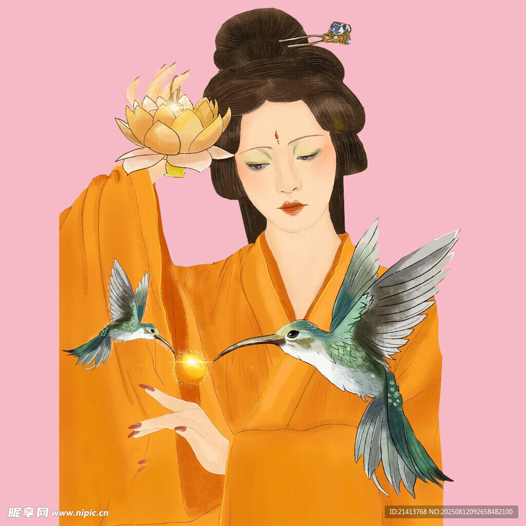 古風(fēng)女子與蜂鳥花卉圖